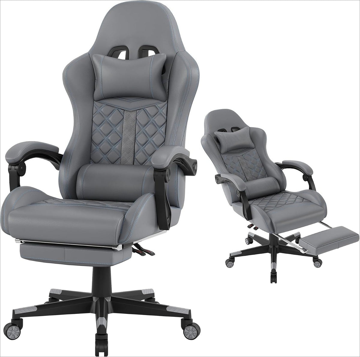 Grey Ergonomic Leather Reclining Gaming Chair